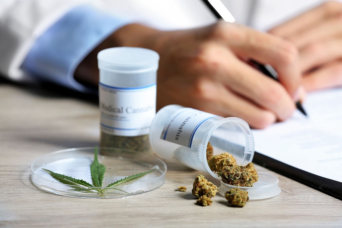 A doctor writing a prescription with a medical bottle of cannabis buds beside him.